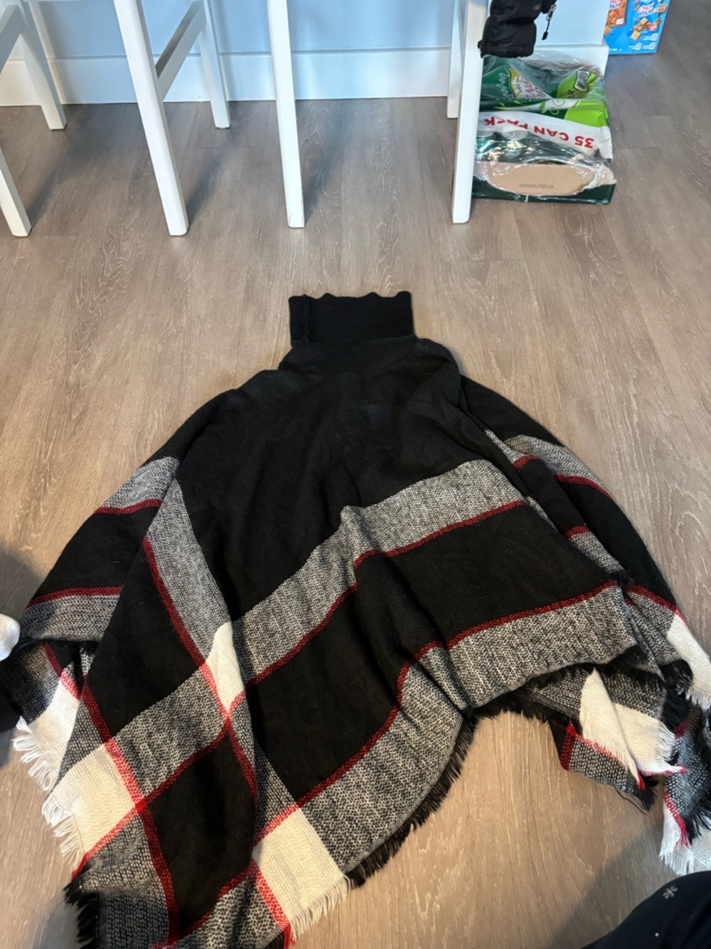 Lulus Turtleneck Plaid Poncho Sweater - Black/Gray/White/Red